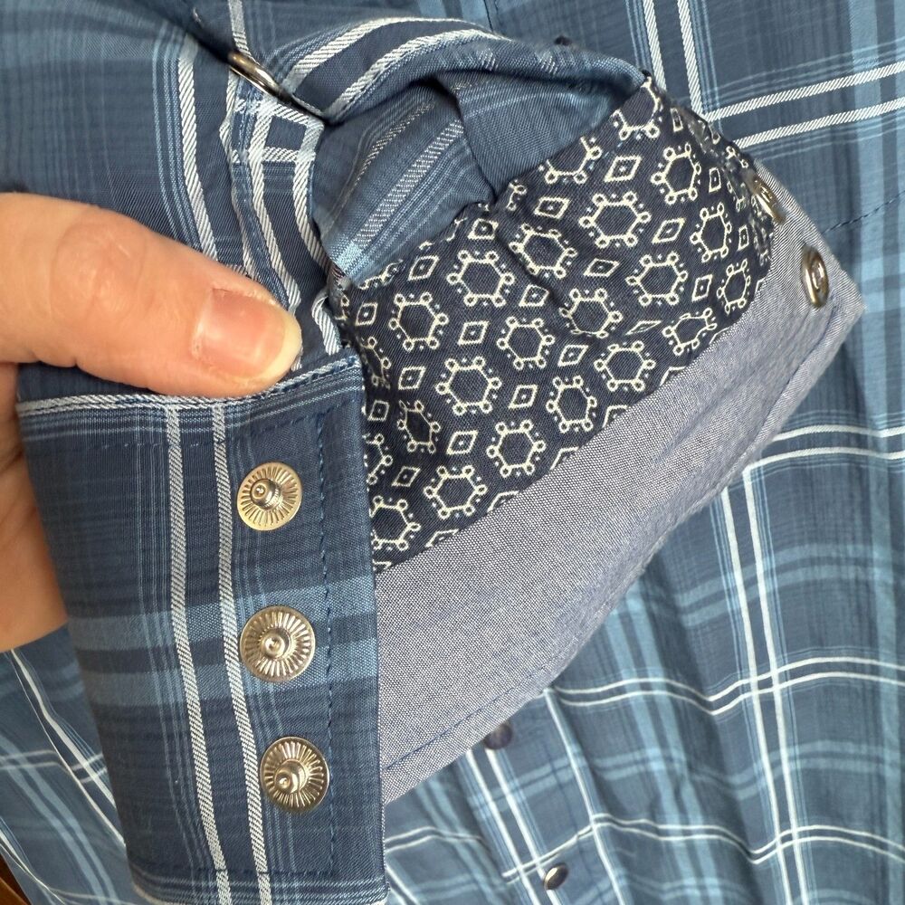 Stetson Mens M Blue Plaid Matte Navy Pearl Snap Long Sleeve Button Down Shirt - Picture 6 of 9